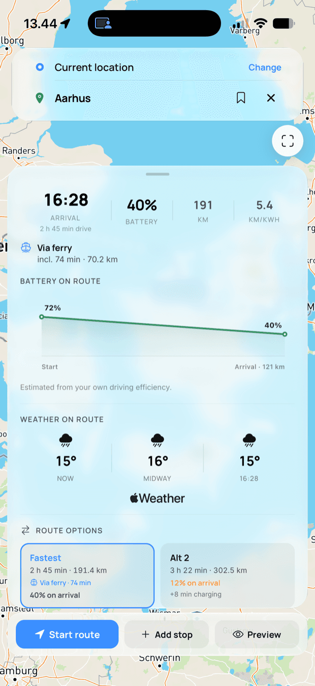 Rangea — trip planner with battery, weather, and route options