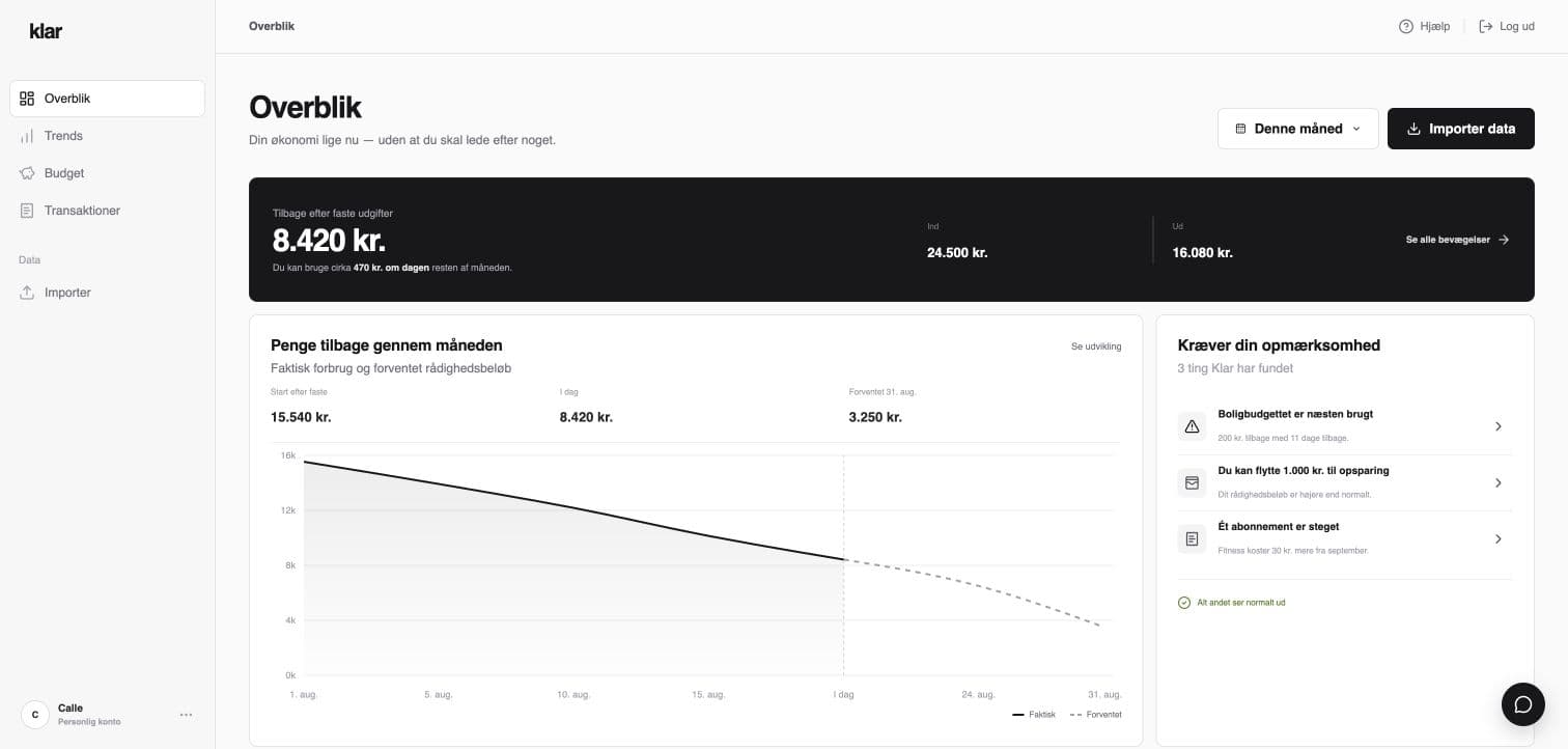 Næmt — overview showing money left after fixed costs and what needs attention